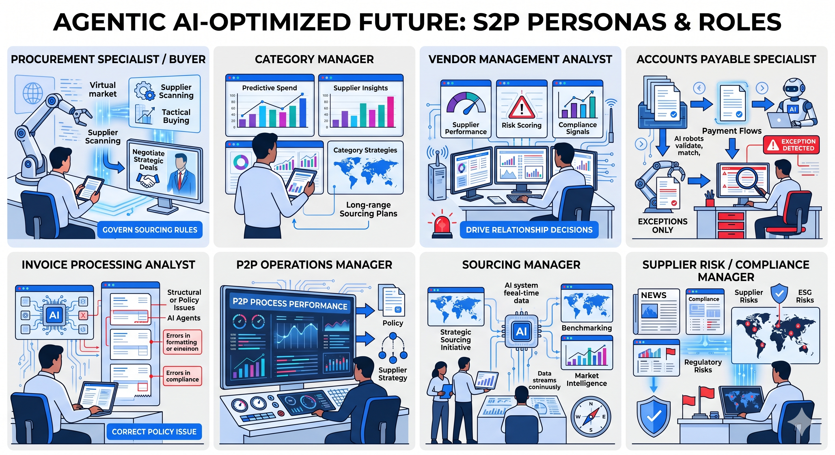 Agentic AI-Optimized Future: S2P Personas & Roles — showing Procurement Specialist/Buyer, Category Manager, Vendor Management Analyst, Accounts Payable Specialist, Invoice Processing Analyst, P2P Operations Manager, Sourcing Manager, and Supplier Risk/Compliance Manager